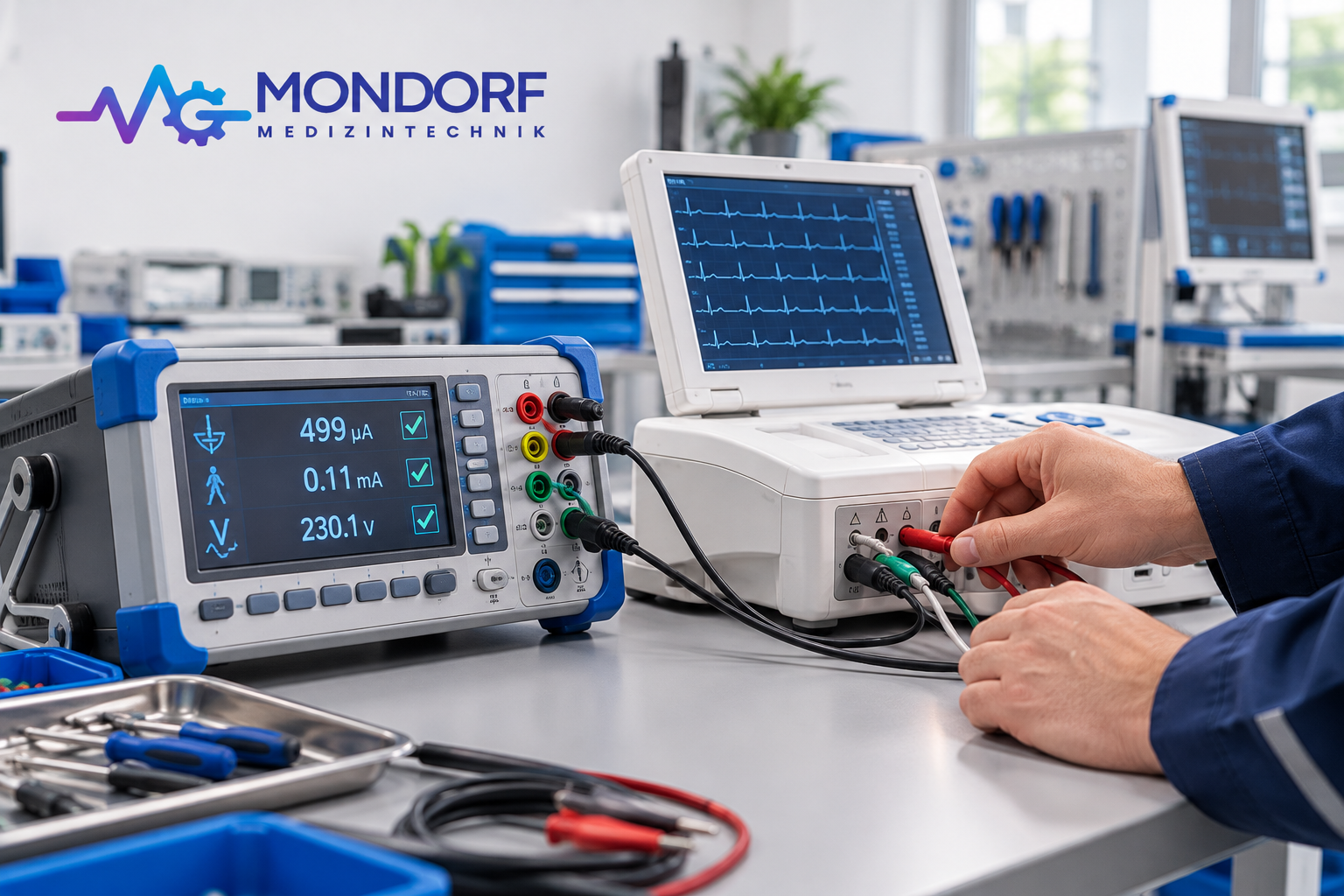 Illustrative Geräteprüfung: Ein Techniker verbindet ein medizinisches Gerät mit einem elektrischen Sicherheitsprüfgerät.