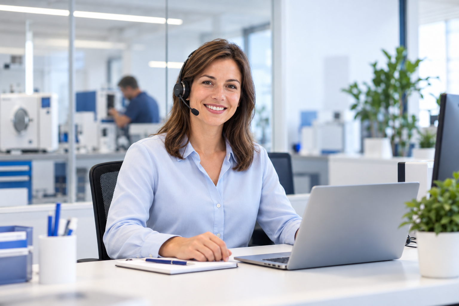 Illustrative Darstellung: Eine freundliche Kundenberaterin mit Headset unterstützt Kunden in einem modernen Medizintechnikbüro.