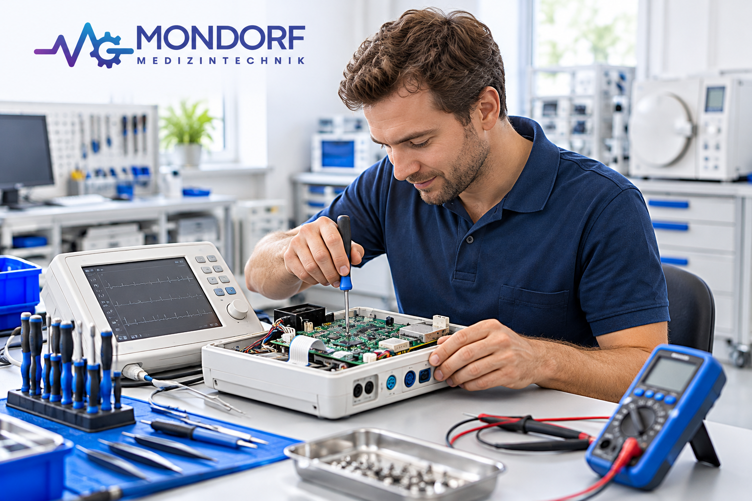 Illustrative Reparatur: Ein Medizintechniker arbeitet mit Präzisionswerkzeug am geöffneten EKG-Gerät.