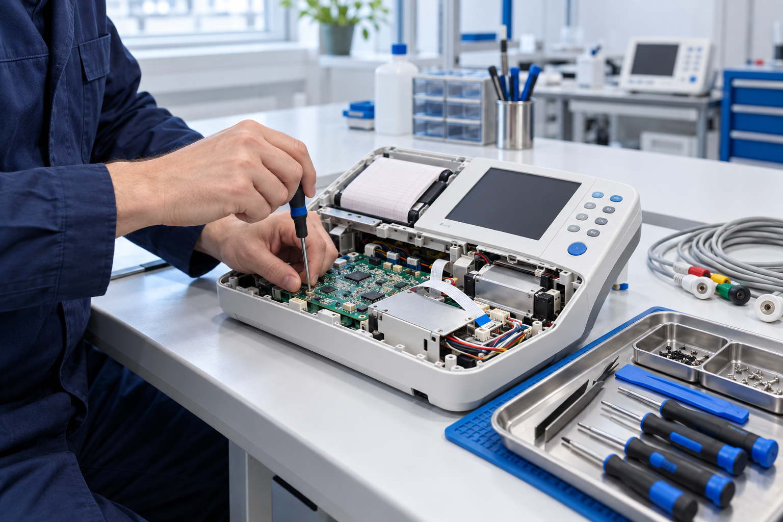 Illustrative Darstellung einer Reparatur: Ein Techniker arbeitet am geöffneten Gehäuse eines EKG-Geräts.